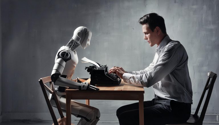 AI robot helping a screenwriter in the creative process.