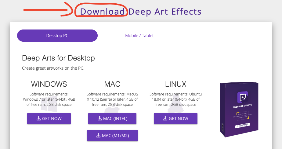 Deepart app download page