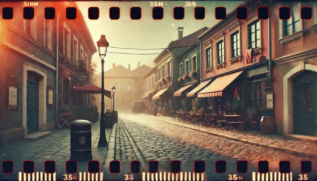 Street with slight sunlight in an analog film look from a film grain overlay.