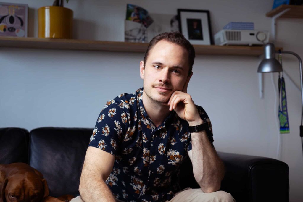 the author sitting on the couch