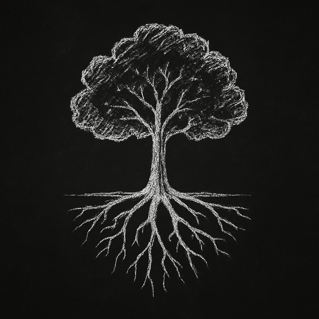 tree with roots sketched on a black surface