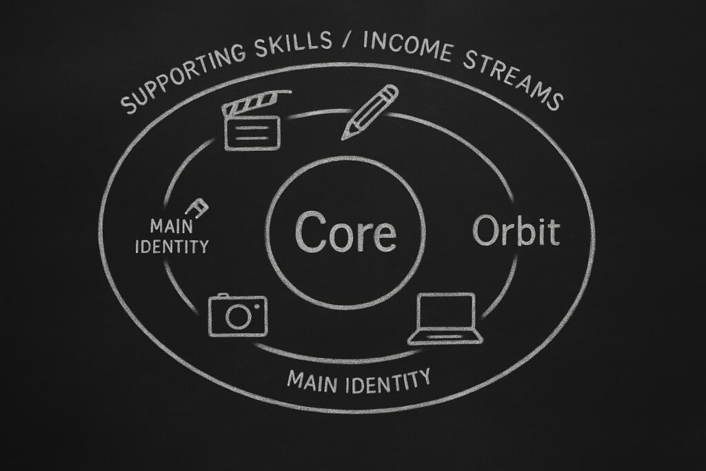 Creative Ecosystem – Core and Orbit Chalk Diagram Chalkboard diagram showing a creative ecosystem with a Core circle in the center and Orbit circles around it representing supporting skills and income streams.