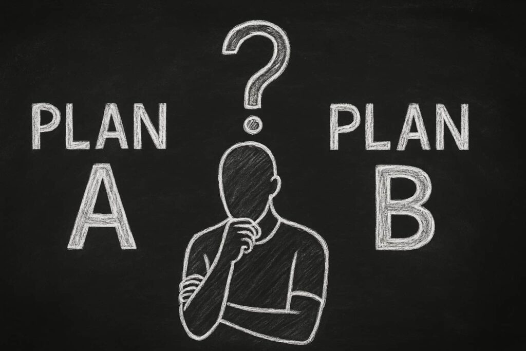 Chalk drawing of a creative person thinking between Plan A and Plan B, representing the dilemma between focus and backup plans.